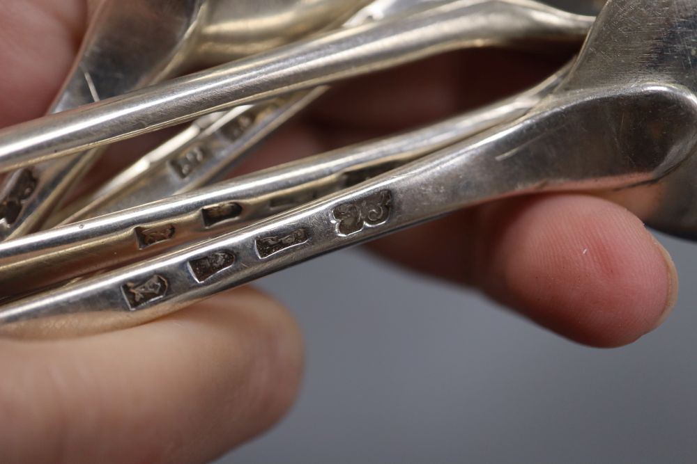 A set of six late George II silver Old English pattern dessert spoons, Ebenezer Coker, London, 1756, 8oz.